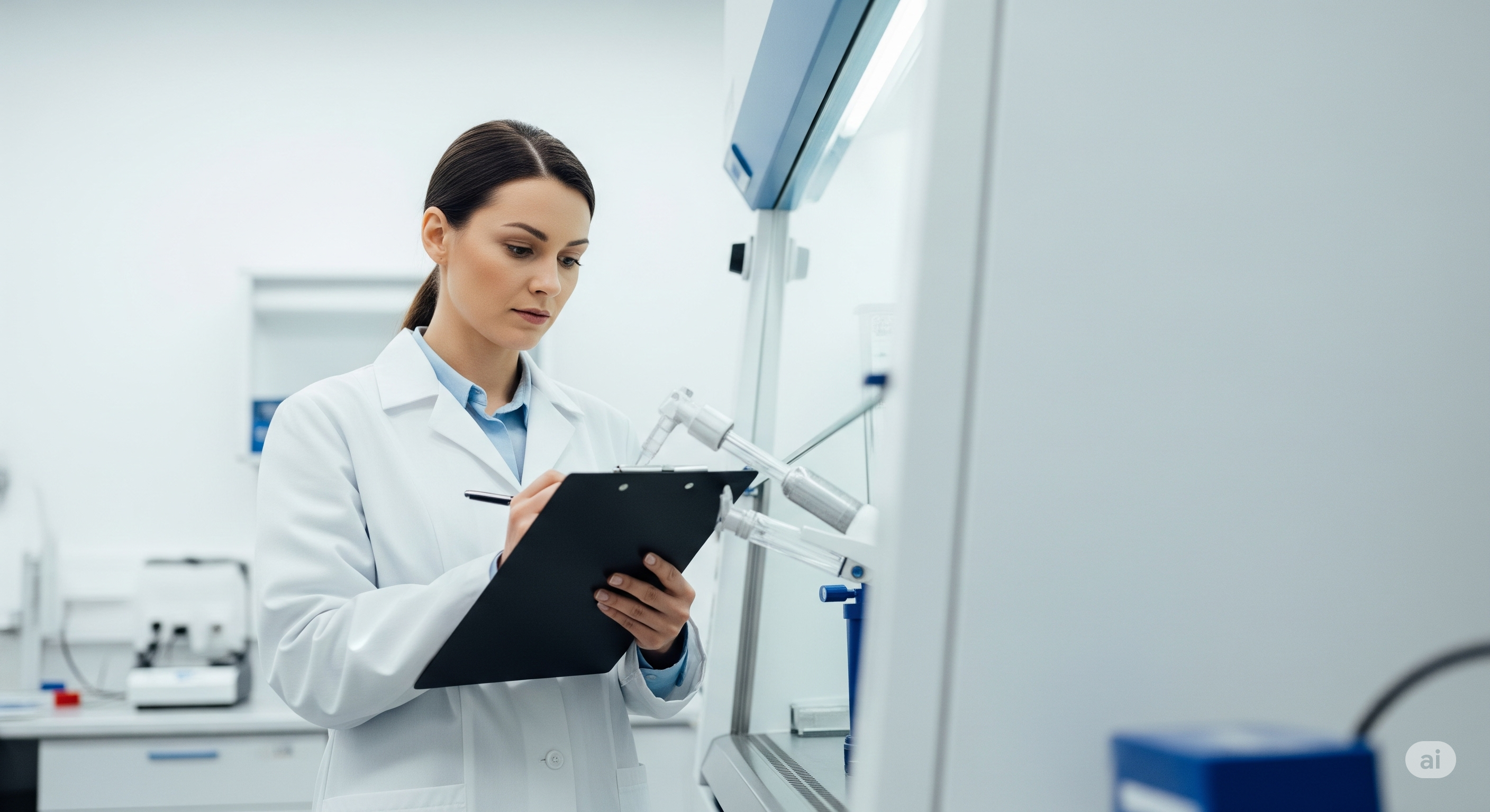 Forensic Lab Quality Control and Professional Review A female scientist in a white lab coat meticulously reviewing a checklist on a clipboard while observing lab equipment symbolizing quality control and professional standards in a forensic laboratory Simplyforensic