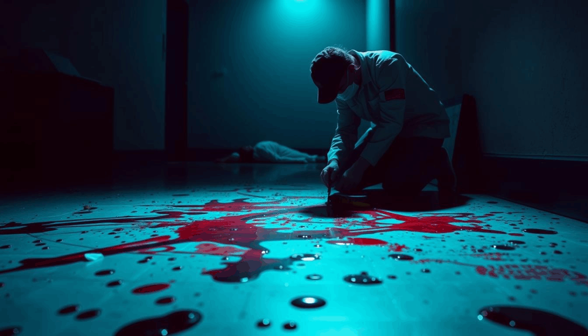 A forensic investigator in a mask and gloves examining a blood spattered floor with a blurred body in the background under blue ambient lighting