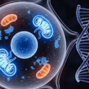 Cell Mitochondria and DNA Double Helix Illustration A stylized illustration showing a vibrant cell with highlighted mitochondria next to a DNA double helix and a small circular DNA strand Simplyforensic