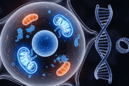 A stylized illustration showing a vibrant cell with highlighted mitochondria next to a DNA double helix and a small circular DNA strand.