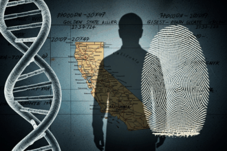 Golden State Killer Forensic Evidence Collage A collage of forensic evidence including a DNA strand fingerprint and map of California symbolizing the investigation of the Golden State Killer Simplyforensic