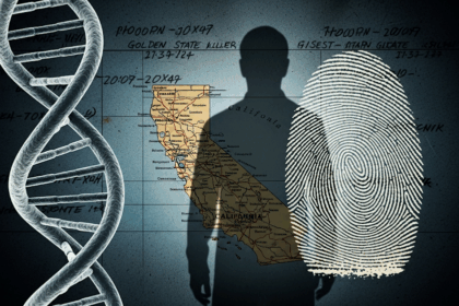 A collage of forensic evidence, including a DNA strand, fingerprint, and map of California, symbolizing the investigation of the Golden State Killer.
