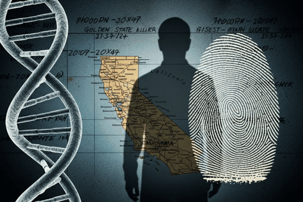 Golden State Killer Forensic Evidence Collage A collage of forensic evidence including a DNA strand fingerprint and map of California symbolizing the investigation of the Golden State Killer Simplyforensic