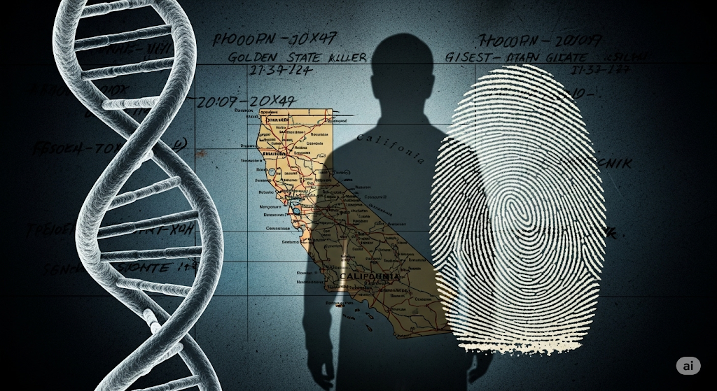 Golden State Killer Forensic Evidence Collage A collage of forensic evidence including a DNA strand fingerprint and map of California symbolizing the investigation of the Golden State Killer Simplyforensic