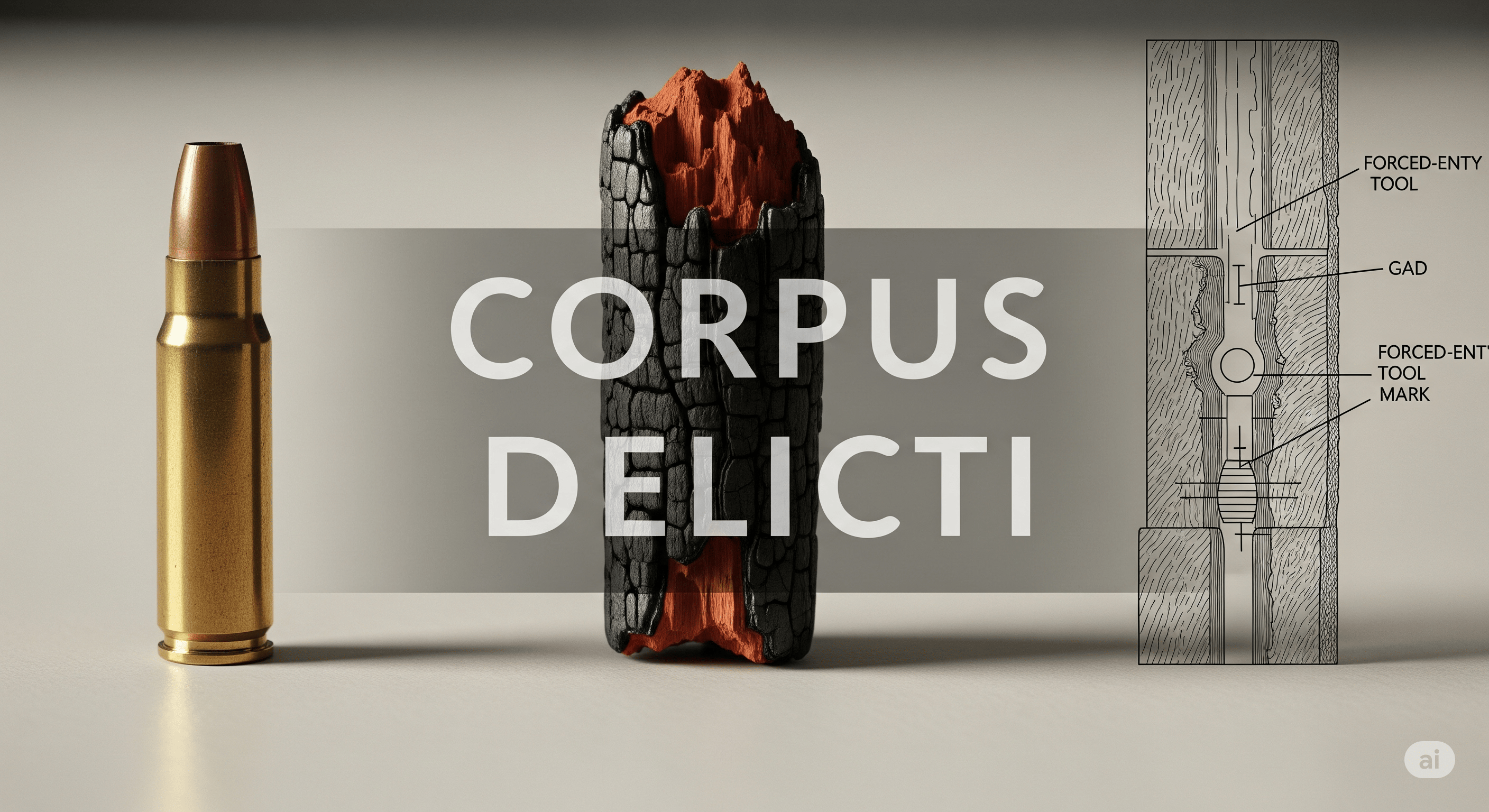 Corpus Delicti The Body of the Crime A spent bullet casing a charred piece of wood and a tool mark diagram laid out on a table with the text Corpus Delicti overlaid symbolizing the legal principle of physical evidence Simplyforensic