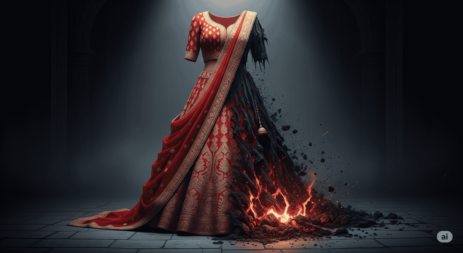 The Tragedy of Honor Killings A beautiful vibrant red and gold bridal lehenga with one side pristine and the other burnt tattered and dissolving into ashes symbolizing a life cut short by an honor killing Simplyforensic