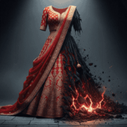 The Tragedy of Honor Killings A beautiful vibrant red and gold bridal lehenga with one side pristine and the other burnt tattered and dissolving into ashes symbolizing a life cut short by an honor killing Simplyforensic