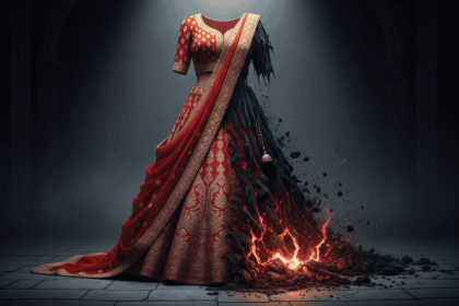 A beautiful, vibrant red and gold bridal lehenga, with one side pristine and the other burnt, tattered, and dissolving into ashes, symbolizing a life cut short by an honor killing.