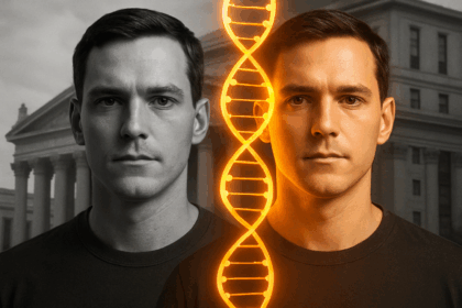 A symbolic image representing the use of somatic mutations to distinguish between identical twins in a landmark forensic DNA case.