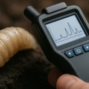 Blowfly Larva FTIR Spectral Analysis in Forensic Entomology Close up of a blowfly larva being analyzed with a handheld FTIR spectrometer showing spectral peaks on screen Simplyforensic