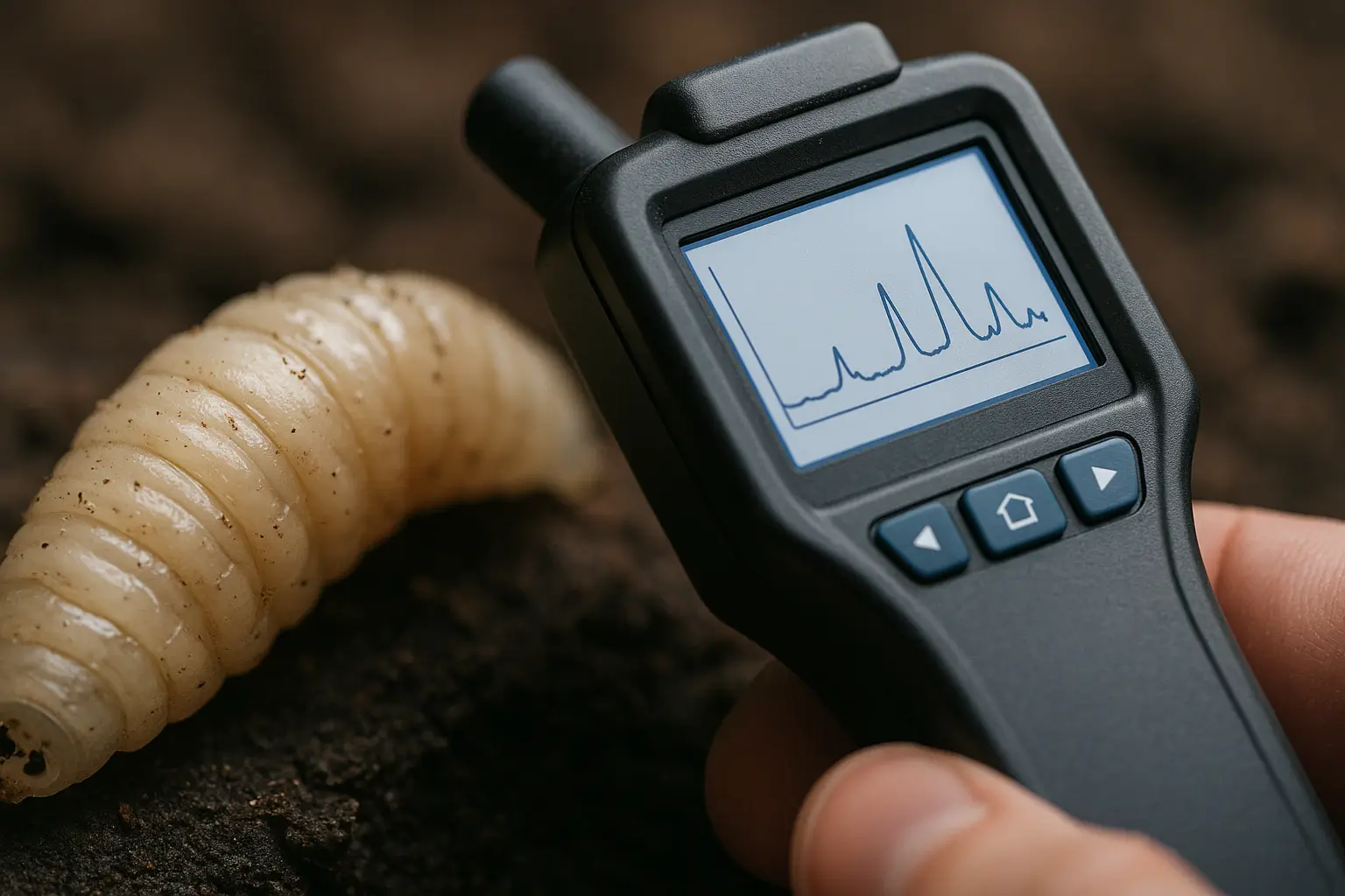 Blowfly Larva FTIR Spectral Analysis in Forensic Entomology Close up of a blowfly larva being analyzed with a handheld FTIR spectrometer showing spectral peaks on screen Simplyforensic