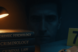 Split-screen image showing criminology textbooks under warm light and a Ka-Bar knife sheath on a cold forensic table, overlaid with a subtle silhouette of Bryan Kohberger, symbolizing his duality in the Idaho student murders.