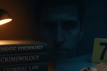 Split-screen image showing criminology textbooks under warm light and a Ka-Bar knife sheath on a cold forensic table, overlaid with a subtle silhouette of Bryan Kohberger, symbolizing his duality in the Idaho student murders.