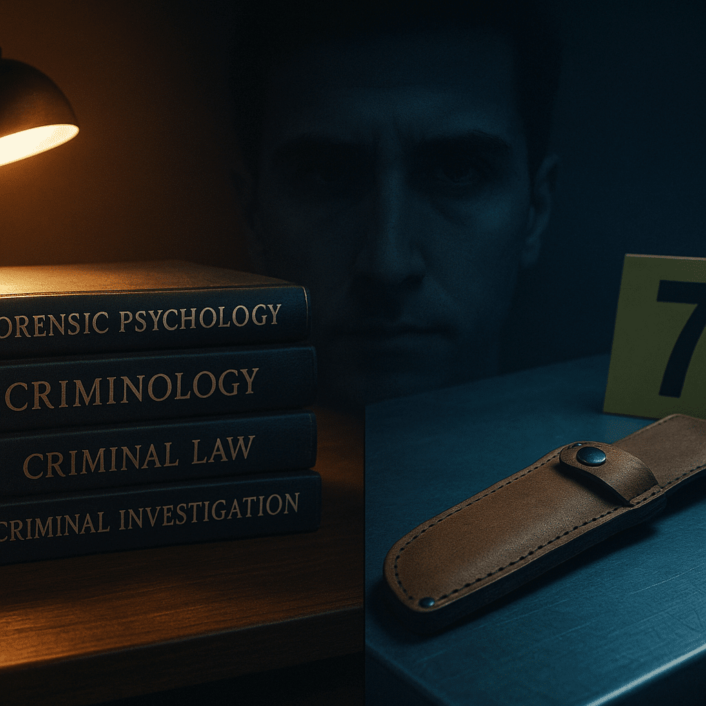 Bryan Kohberger The Criminology Student and Alleged Idaho Killer Split screen image showing criminology textbooks under warm light and a Ka Bar knife sheath on a cold forensic table overlaid with a subtle silhouette of Bryan Kohberger symbolizing his duality in the Idaho student murders Simplyforensic