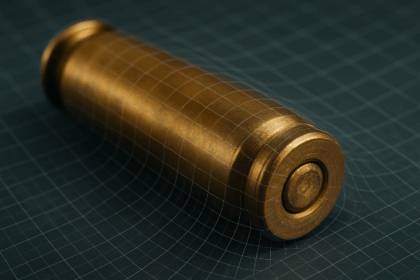 A fired bullet casing with microscopic markings and a 3D grid, representing the new NIST standard for firearm and toolmark analysis.