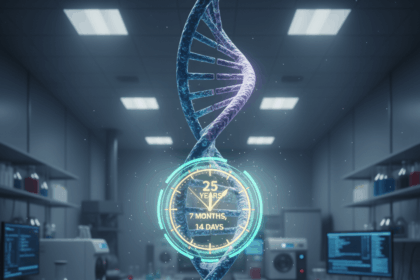 A detailed illustration of forensic epigenetics, showing a DNA helix intertwined with a clock, symbolizing how DNA methylation is used for age estimation from human remains.