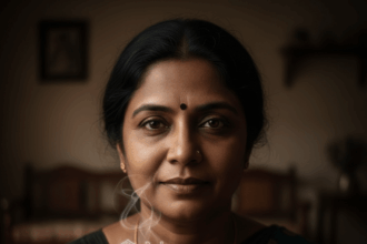 Dramatic digital art portrait of Jolly Joseph, showing her pious and sinister dual nature, with a steaming cup of tea subtly revealing the cyanide chemical symbol.