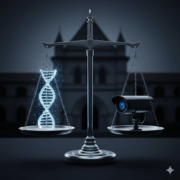 Forensic Justice DNA CCTV in South Calcutta Law College Rape Case Modern scales of justice with a glowing DNA helix on one side and a CCTV camera on the other balanced perfectly symbolizing forensic evidence in the South Calcutta Law College rape case against a blurred university background Simplyforensic