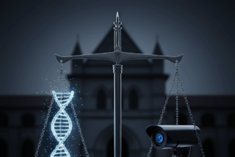 Modern scales of justice with a glowing DNA helix on one side and a CCTV camera on the other, balanced perfectly, symbolizing forensic evidence in the South Calcutta Law College rape case against a blurred university background.