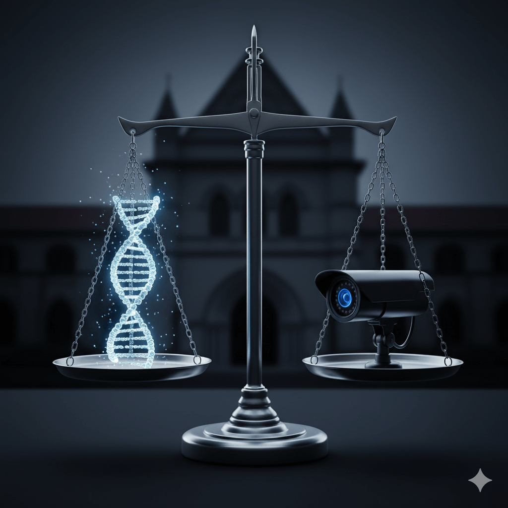 Forensic Justice DNA CCTV in South Calcutta Law College Rape Case Modern scales of justice with a glowing DNA helix on one side and a CCTV camera on the other balanced perfectly symbolizing forensic evidence in the South Calcutta Law College rape case against a blurred university background Simplyforensic