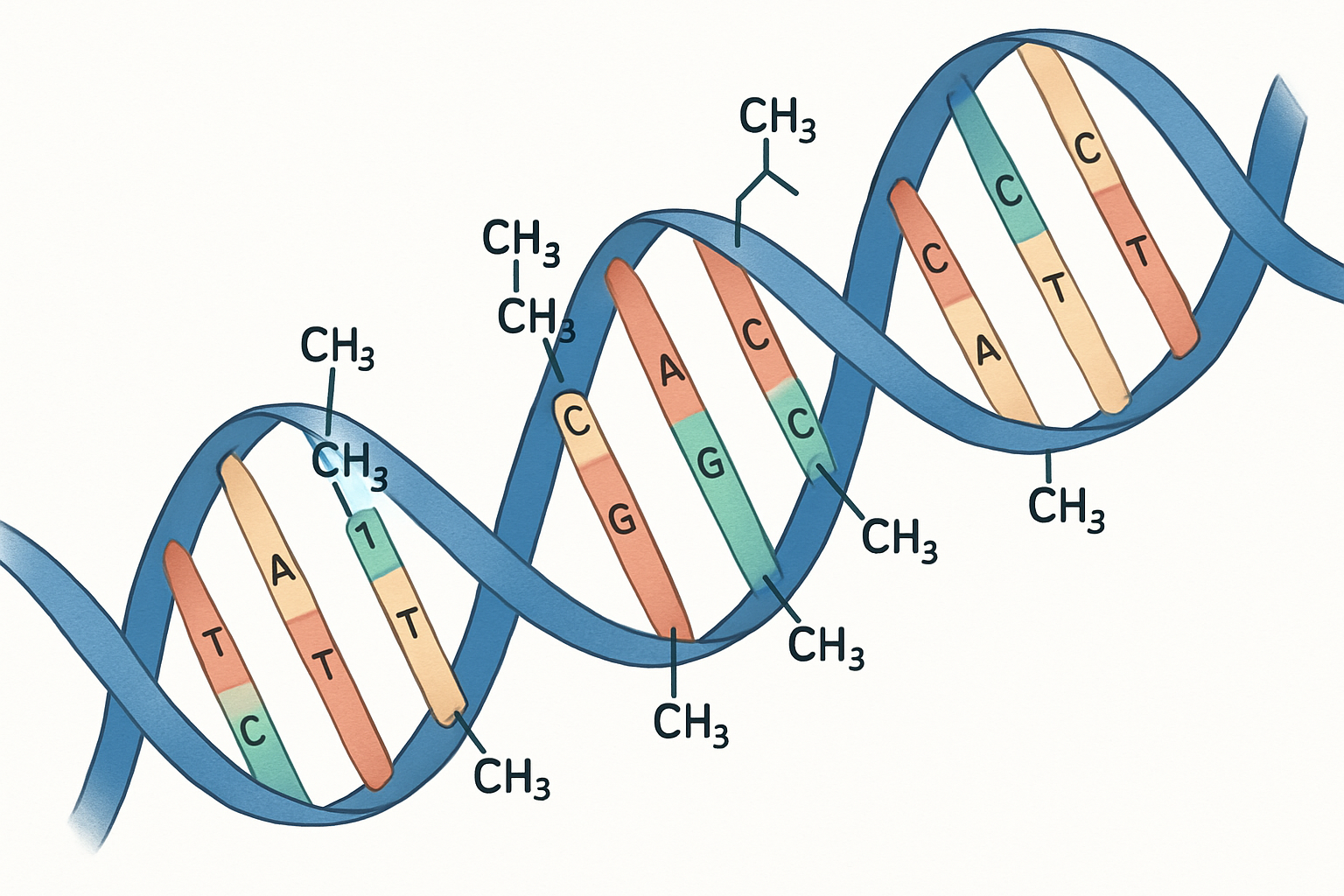 DNA Methylation Epigenetic Mechanism Scientific diagram of DNA methylation showing methyl groups CH3 attached to a DNA strand which acts as an epigenetic switch Simplyforensic