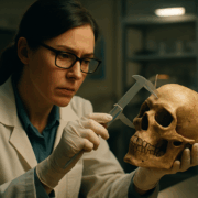 Forensic Anthropology Skull Analysis Forensic anthropologist carefully examining a human skull for morphoscopic traits used in sex estimation Simplyforensic