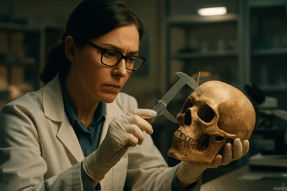 Forensic anthropologist carefully examining a human skull for morphoscopic traits used in sex estimation.