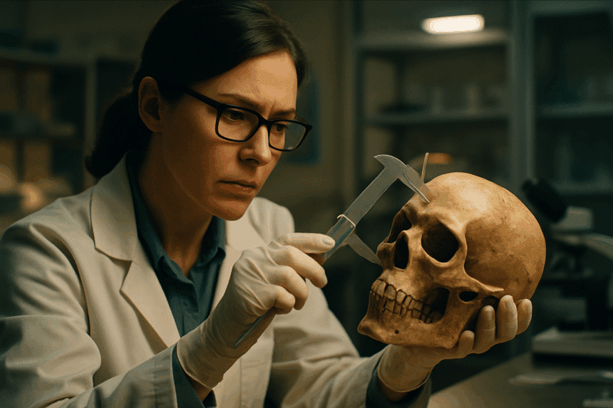 Forensic Anthropology Skull Analysis Forensic anthropologist carefully examining a human skull for morphoscopic traits used in sex estimation Simplyforensic