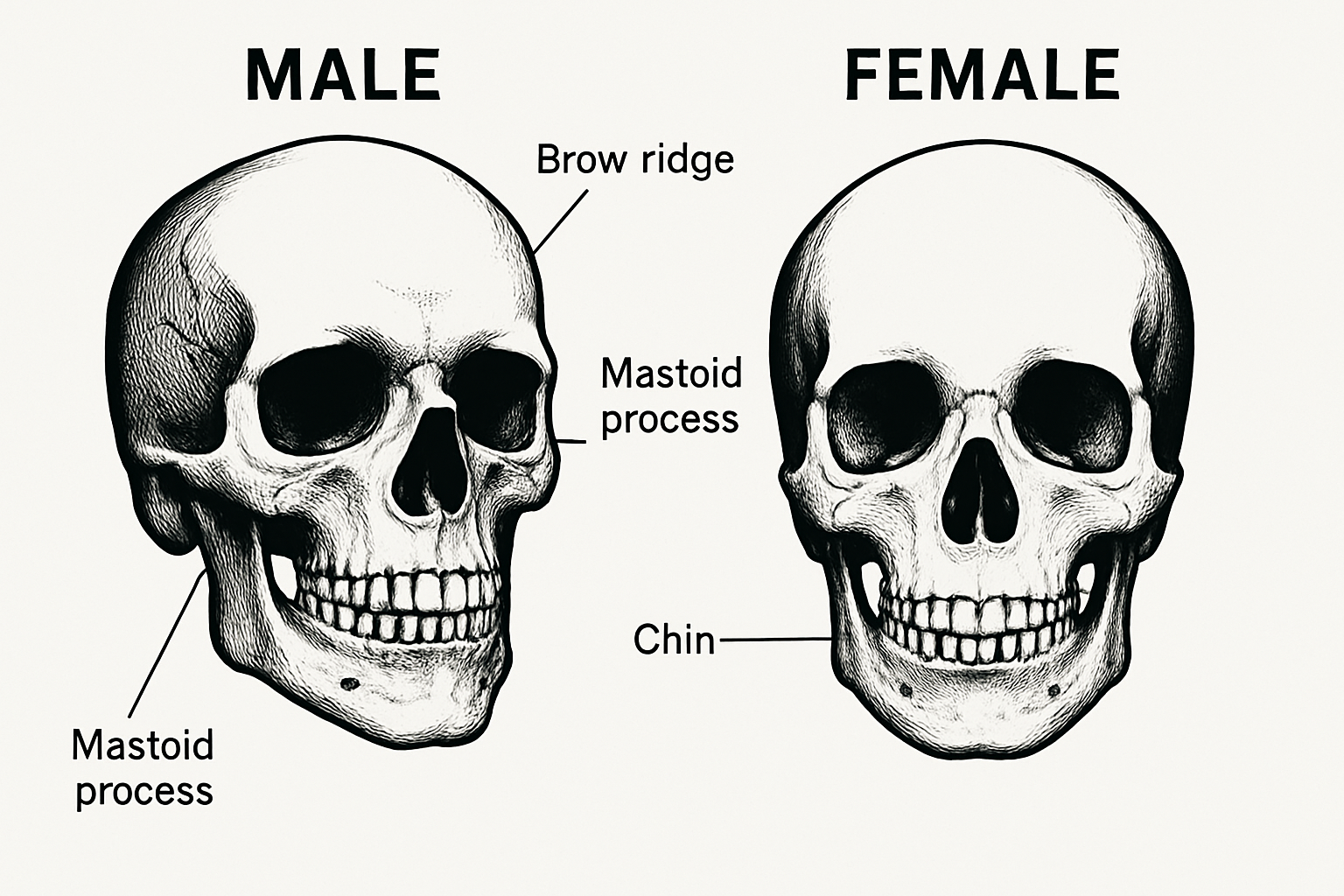 Forensic Comparison of Male and Female Skull A comparison of a male and female skull highlighting the sexually dimorphic features used in forensic sex estimation Simplyforensic