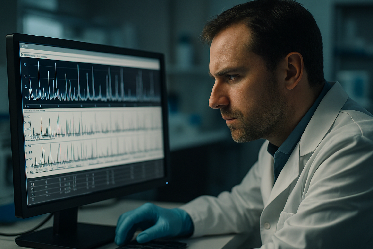 A forensic DNA analyst carefully interpreting an electropherogram on a computer a key step in generating evidence for Likelihood Ratio analysis