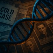 Forensic News on DNA and Genealogy Breakthroughs A conceptual image for the latest forensic news showing a DNA helix over cold case files symbolizing how genetic genealogy is used to solve old crimes Simplyforensic