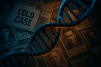 Forensic News on DNA and Genealogy Breakthroughs A conceptual image for the latest forensic news showing a DNA helix over cold case files symbolizing how genetic genealogy is used to solve old crimes Simplyforensic