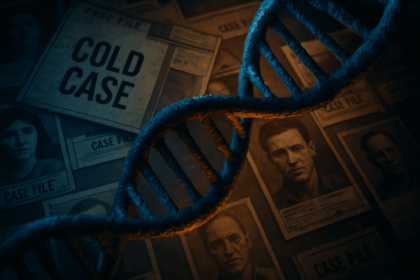 A conceptual image for the latest forensic news, showing a DNA helix over cold case files, symbolizing how genetic genealogy is used to solve old crimes.
