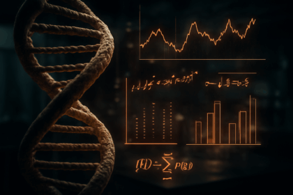 A detailed illustration of the Likelihood Ratio concept, showing a DNA strand intertwined with statistical data charts, symbolizing the evaluation of forensic DNA evidence.