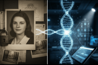 Feature image for Anna Jean Kane cold case study, showing her portrait on an evidence board linked by a DNA helix to a modern forensic lab scene, symbolizing Investigative Genetic Genealogy (IGG) solving a 34-year-old murder.