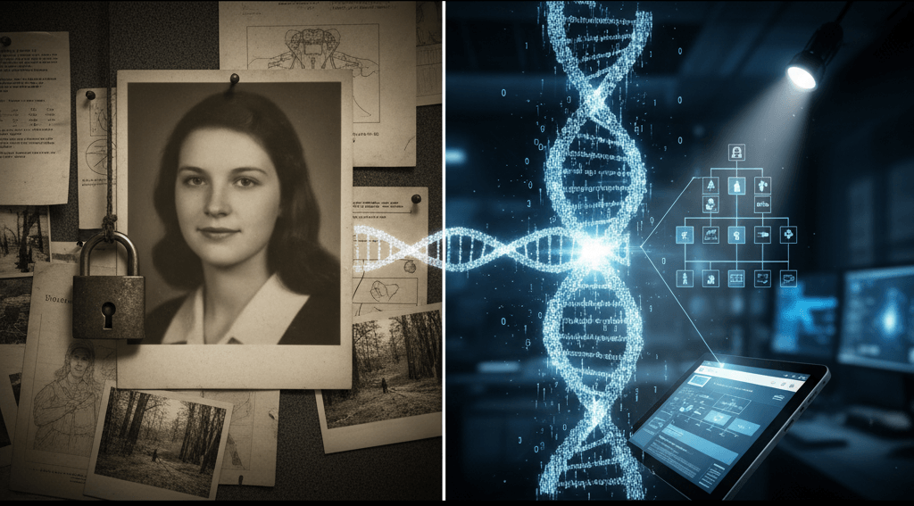 anna jean kane murder igg cold case forensic genetic genealogy Feature image for Anna Jean Kane cold case study showing her portrait on an evidence board linked by a DNA helix to a modern forensic lab scene symbolizing Investigative Genetic Genealogy IGG solving a 34 year old murder Simplyforensic