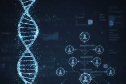 A conceptual illustration of Investigative Genetic Genealogy (IGG) showing a DNA strand branching into a family tree, representing the forensic process.