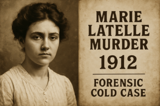 Vintage sepia portrait of Marie Latelle next to text reading "MARIE LATELLE MURDER 1912 FORENSIC COLD CASE," serving as a feature image for the historical case study.