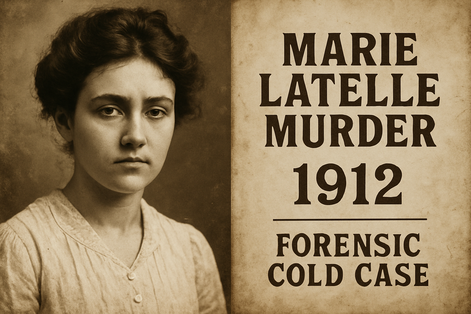 Marie Latelle Murder 1912 A Century Old Forensic Cold Case Vintage sepia portrait of Marie Latelle next to text reading MARIE LATELLE MURDER 1912 FORENSIC COLD CASE serving as a feature image for the historical case study Simplyforensic