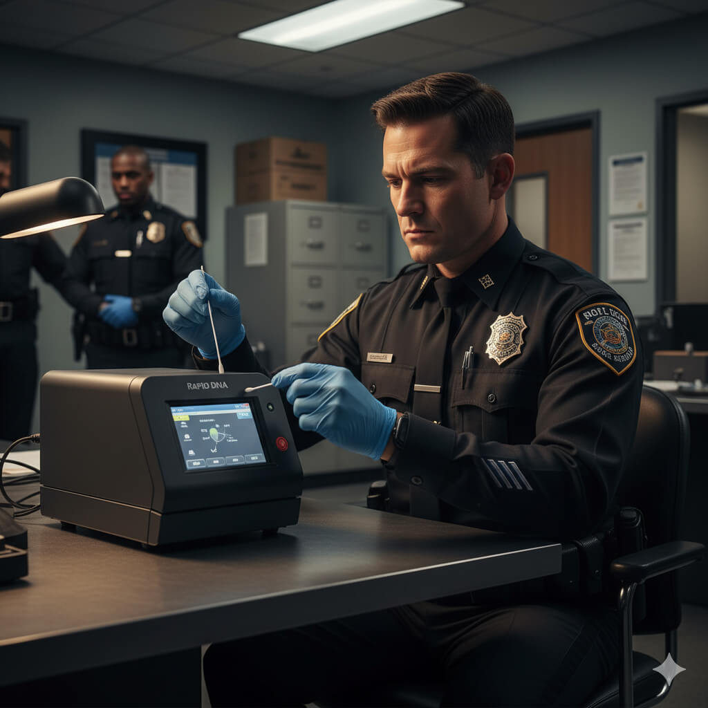 A police officer in a booking station utilizing Rapid DNA technology demonstrating its use for rapid arrestee processing and CODIS checks
