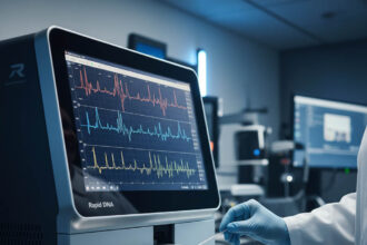 Rapid DNA Technology Instrument in a Forensic Lab A Rapid DNA technology instrument a key tool in modern forensic analysis shown in a lab setting about to process a buccal swab Simplyforensic