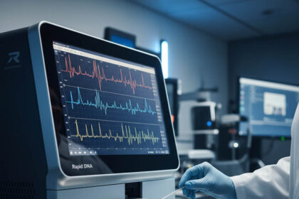 A Rapid DNA technology instrument, a key tool in modern forensic analysis, shown in a lab setting about to process a buccal swab.