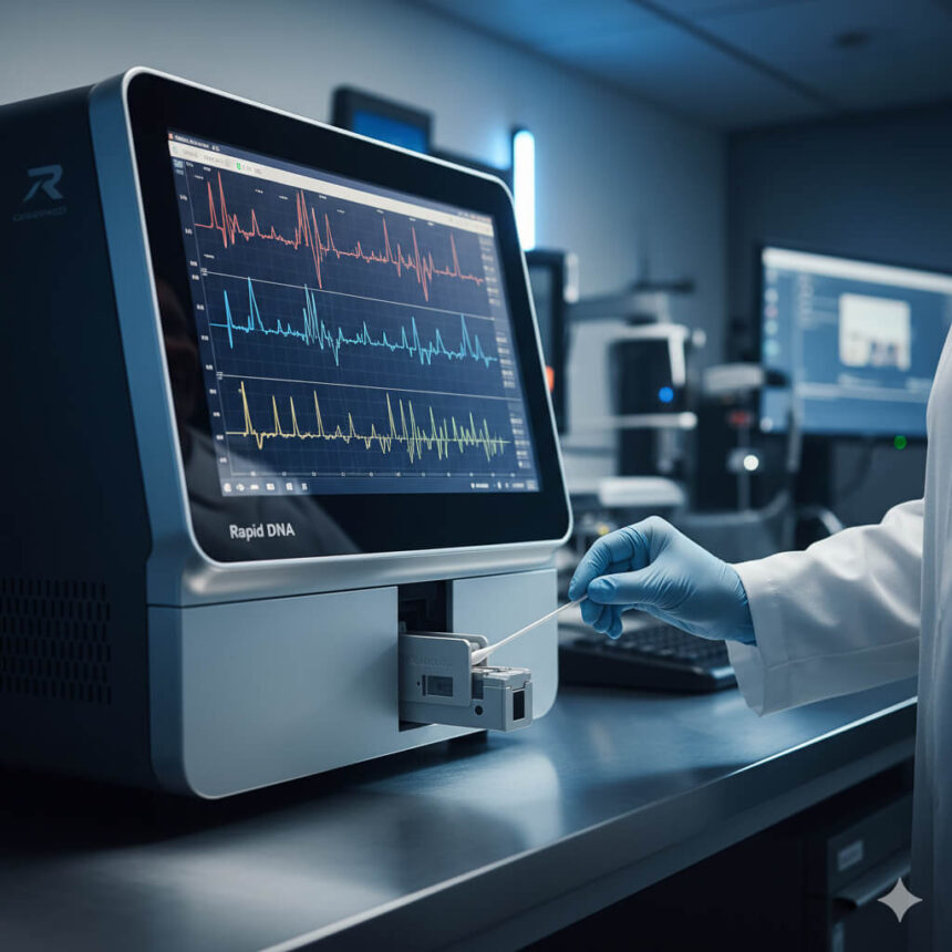Rapid DNA Technology Instrument in a Forensic Lab A Rapid DNA technology instrument a key tool in modern forensic analysis shown in a lab setting about to process a buccal swab Simplyforensic