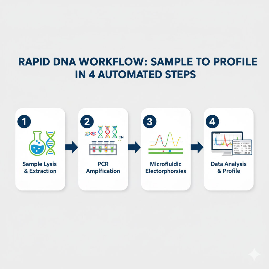 An infographic showing the automated workflow of Rapid DNA technology from sample extraction and PCR to electrophoresis and profile analysis