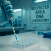 Forensic DNA Analyst Pipetting in Sterile Lab Forensic DNA analyst performing PCR setup in a sterile environment to ensure forensic DNA contamination control Simplyforensic