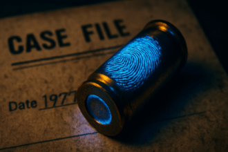 Fingerprints on Bullet Casings A forensic macro shot showing a fingerprint recovered from a fired bullet casing Simplyforensic