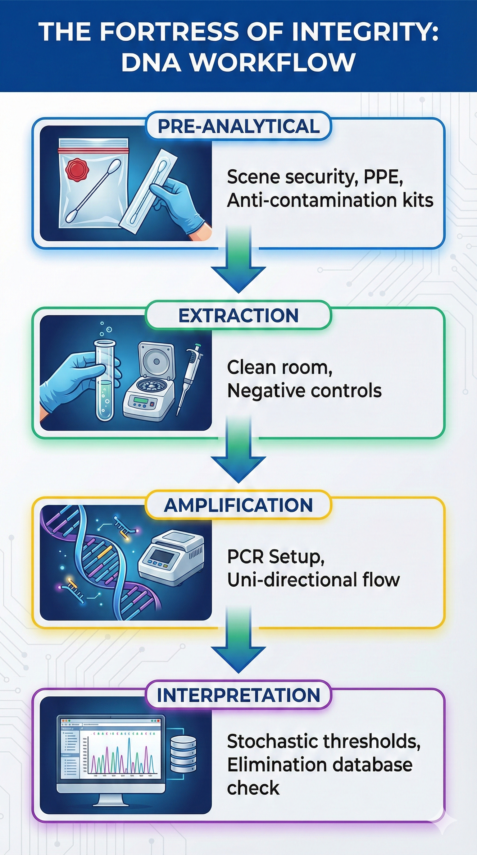 Dna analysis quality assurance workflow simplyforensic Infographic showing the four stages of forensic DNA contamination control Pre analytical Extraction Amplification and Interpretation