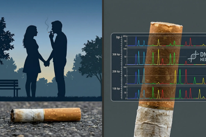Close-up of a cigarette butt filter in an evidence bag with a DNA electropherogram overlay showing imbalanced mixture peaks.