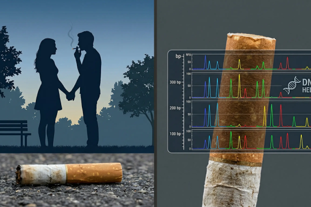 dna transfer persistence cigarette butt forensicwebp Close up of a cigarette butt filter in an evidence bag with a DNA electropherogram overlay showing imbalanced mixture peaks Simplyforensic